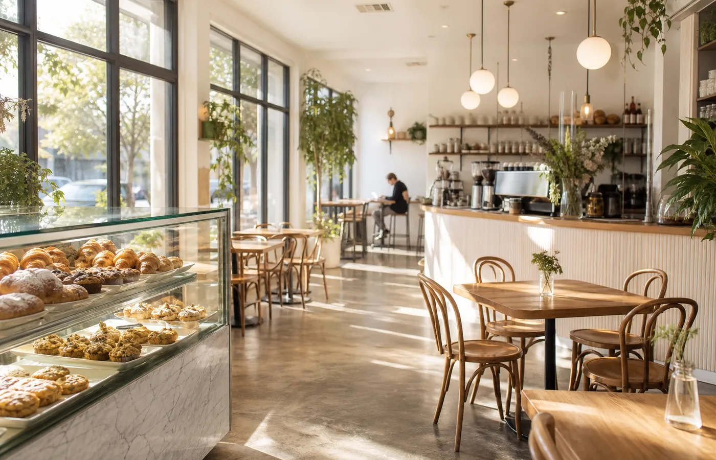 Bright cafe interior with morning light.