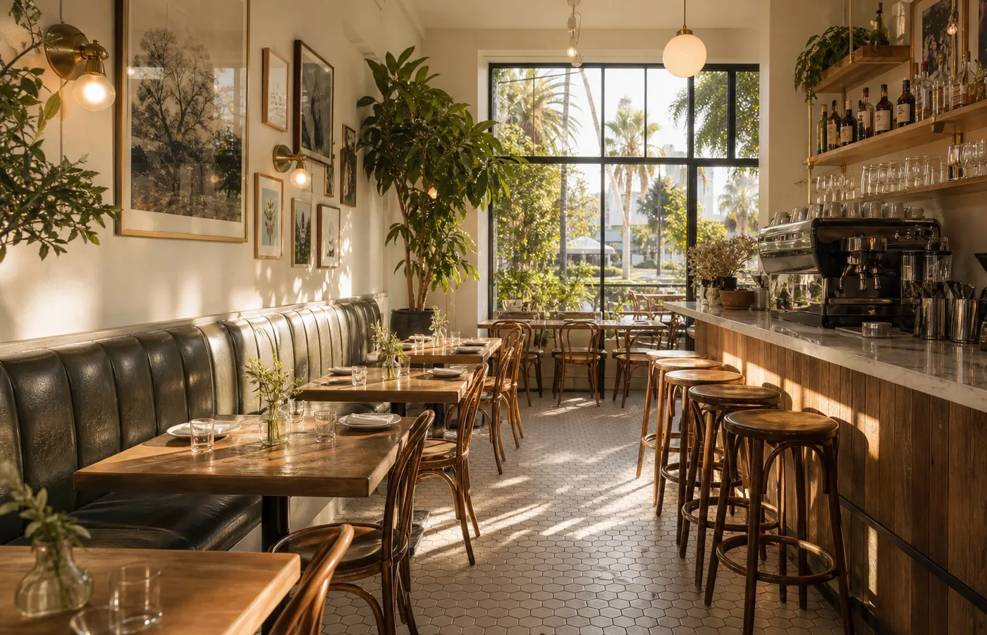 Bistro dining room at golden hour.